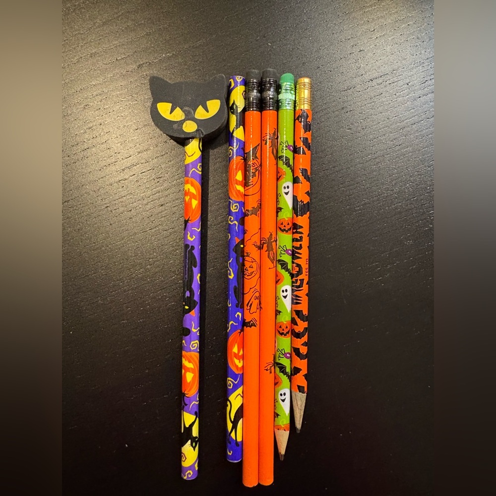 Halloween Themed Pencil Set Lot with Cat Topper eraser